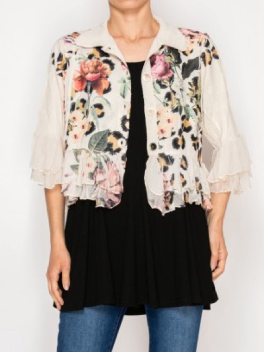 J99. Floral Ruffle Trim Button Front Cardigan Jacket